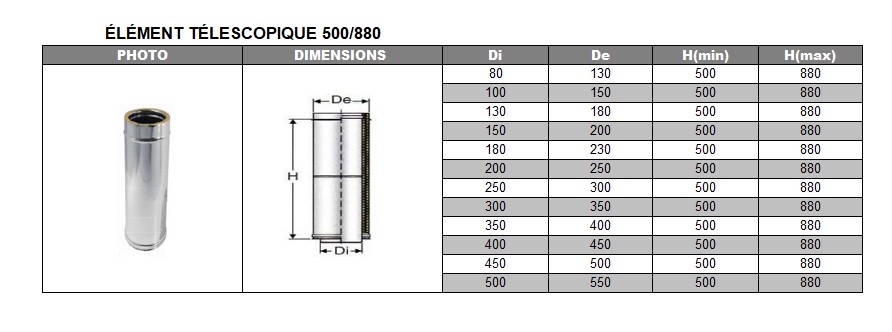 Élément télescopique DP inox 507-884 mm d. 150